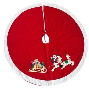 Vintage Christmas‎ Tree Skirt Red 46" Round Sleigh Bear Gifts Reindeer Santa